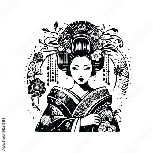 geisha with bohemian decoration decoration in black and white illustrations, cutout graphic