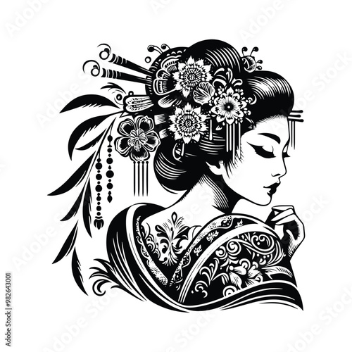 geisha with bohemian decoration decoration in black and white illustrations, cutout graphic