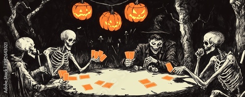 Spooky Halloween scene with skeletons and a witch playing cards around a table, illuminated by glowing pumpkins.