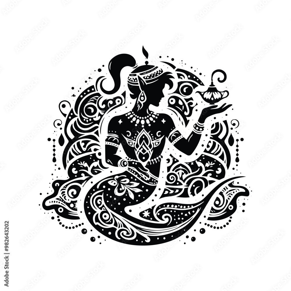 Genie with bohemian decoration decoration in black and white illustrations, cutout graphic Genie with bohemian decoration decoration in black and white illustrations, cutout graphic