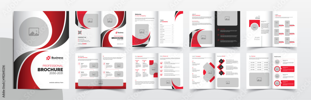16-page brochure design with red color accents, corporate business brochure template layout design, simple and clean company profile brochure template design 16-page brochure design with red color accents, corporate business brochure template layout design, simple and clean company profile brochure template design