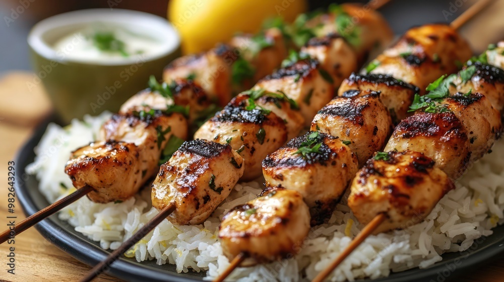 Traditional Chicken Shish Kebabs or Shish Tawook skewers. Greek grilled chicken skewers served with lemon rice and marinated green olives. Traditional Chicken Shish Kebabs or Shish Tawook skewers. Greek grilled chicken skewers served with lemon rice and marinated green olives.