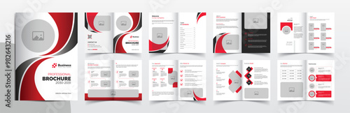 16-page brochure design with red color accents, corporate business brochure template layout design,  simple and clean company profile brochure template design