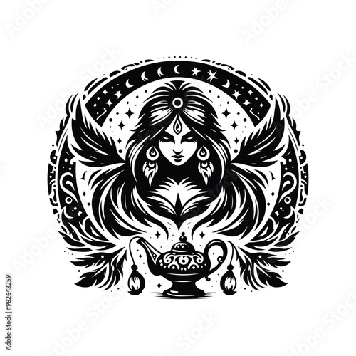 Genie female with bohemian decoration in black and white illustrations, cutout graphic black and white illustration