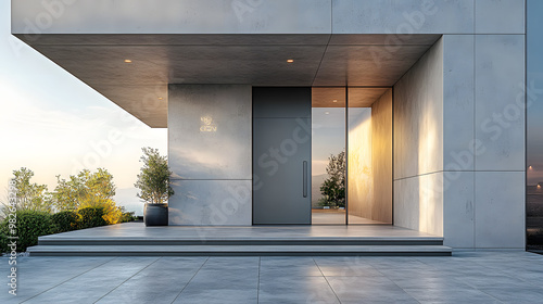 Modern minimalist house entrance with glass door and concrete exterior.  Sunlight casts shadows on the steps leading up to the entrance. photo