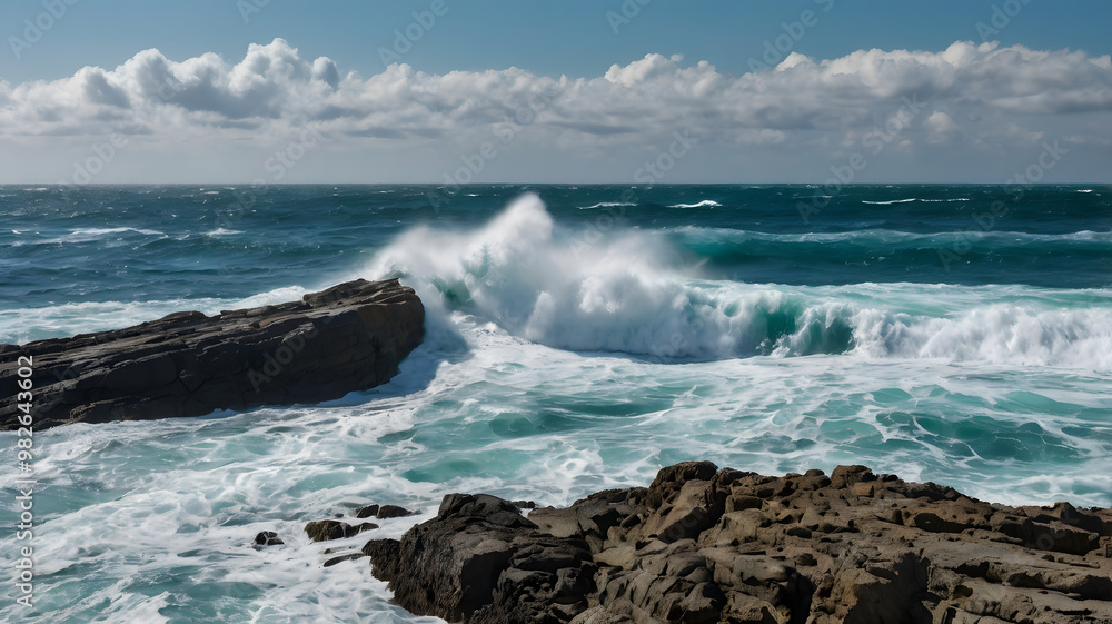 Dramatic waves crash against rugged rocks, creating a breathtaking spectacle of nature Dramatic waves crash against rugged rocks, creating a breathtaking spectacle of nature