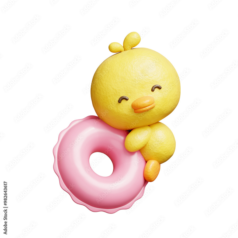 3D cute duck with rubber swimming rings, cartoon animal character, 3D rendering. 3D cute duck with rubber swimming rings, cartoon animal character, 3D rendering.