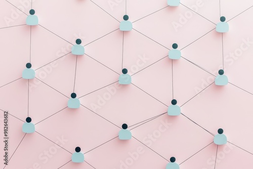 Minimalist human icons connected by lines on a soft pink background