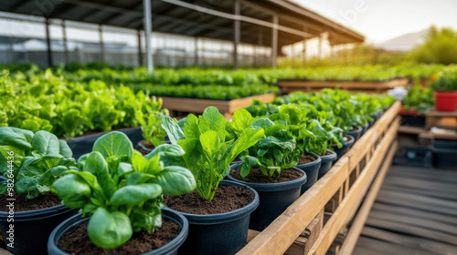 Wallpaper Mural Wide view of rows of green plants in pots inside a nursery greenhouse, representing sustainable farming and agricultural practices. Torontodigital.ca