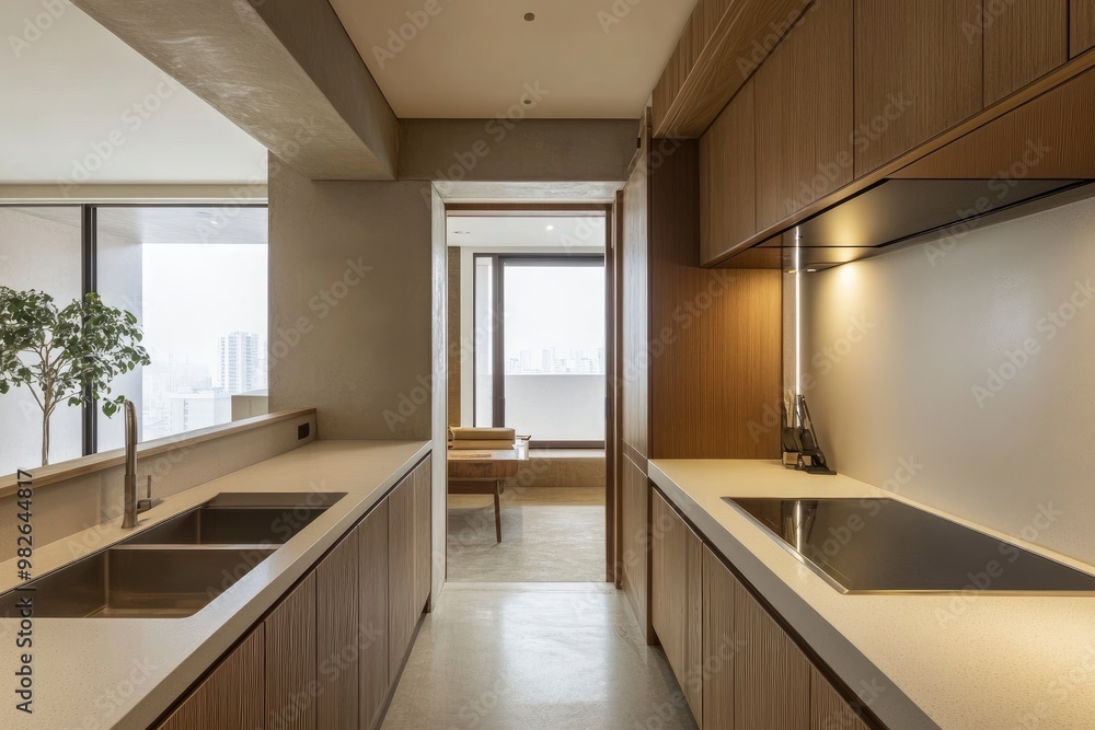 Fototapeta premium Comfortable minimal kitchen space with kitchen countertop with generative ai