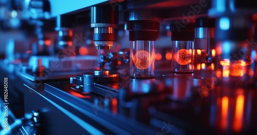 Vibrant laboratory equipment with fluorescent samples photo