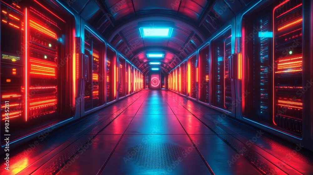 A glowing server room in a circular formation, vibrant data streams flowing, neon lights illuminating the scene, Cyberpunk, Neon Palette, Digital Painting A glowing server room in a circular formation, vibrant data streams flowing, neon lights illuminating the scene, Cyberpunk, Neon Palette, Digital Painting