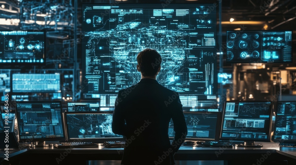 A person stands in front of multiple screens displaying futuristic data and graphics, immersed in a digital environment. A person stands in front of multiple screens displaying futuristic data and graphics, immersed in a digital environment.