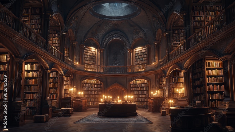 A grand magical library with towering bookshelves arranged in a perfect circle, soft candlelight illuminating ancient tomes, with a cozy central reading area A grand magical library with towering bookshelves arranged in a perfect circle, soft candlelight illuminating ancient tomes, with a cozy central reading area