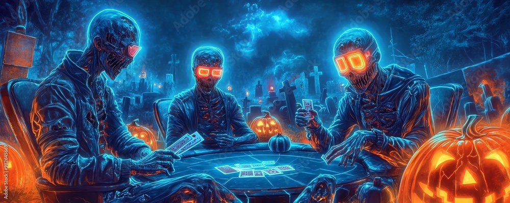 Fototapeta premium Futuristic neon skeletons play card game on Halloween night, glowing pumpkins illuminate eerie graveyard atmosphere.