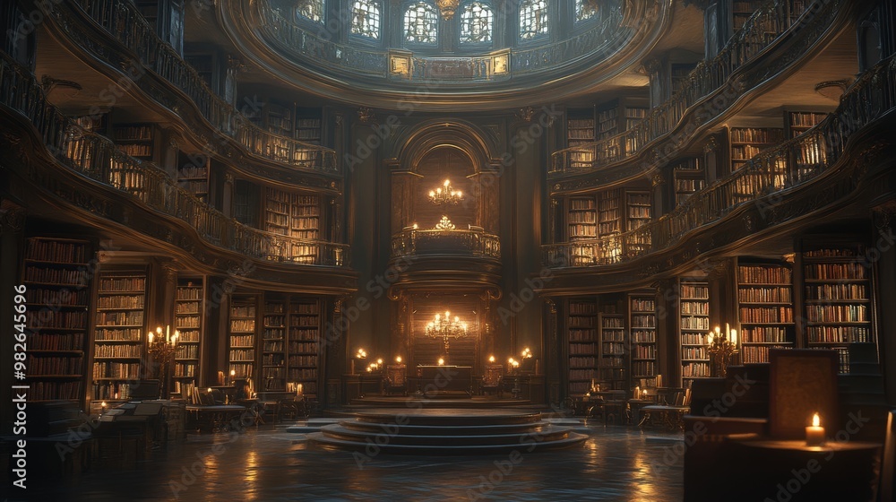 A grand magical library with towering bookshelves arranged in a perfect circle, soft candlelight illuminating ancient tomes, with a cozy central reading area