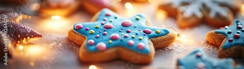 Colorful star-shaped cookies with icing and decorations, perfect for festive celebrations and holiday gatherings.