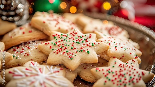 Delicious holiday cookies shaped like stars, decorated with vibrant sprinkles, perfect for festive gatherings and celebrations.