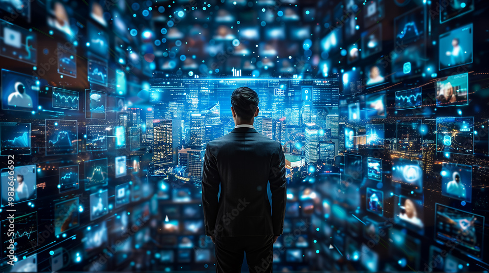 A social media uses the technological interface of the future with screens and additional reality A social media uses the technological interface of the future with screens and additional reality