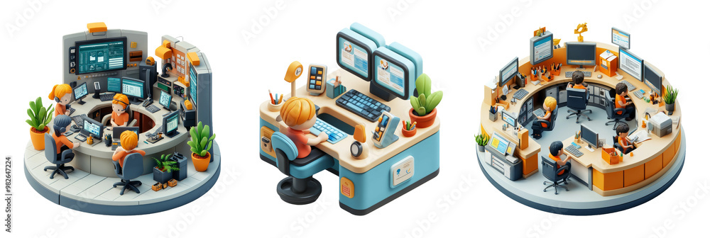 Fototapeta premium Isometric Illustration Of Modern Office Desk Setups With Computers and Plants