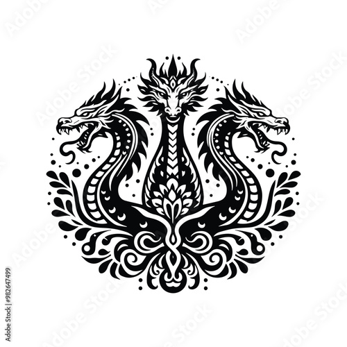 hydra dragon with bohemian decoration decoration in black and white illustrations, cutout graphic