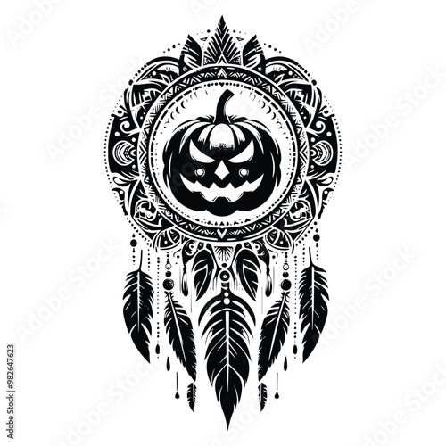 Jack O Lantern with bohemian decoration in black and white illustrations, cutout graphic o