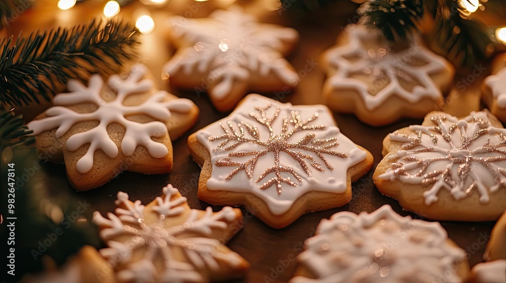 Fototapeta premium Deliciously decorated snowflake cookies perfect for holiday celebrations, adding a festive touch to any gathering.
