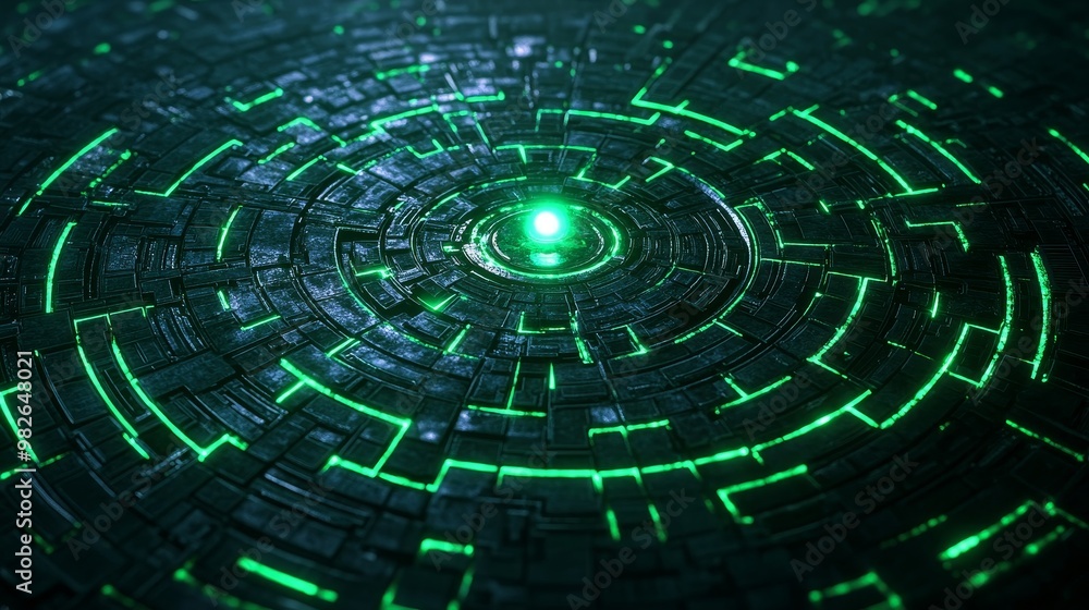 A metallic circular maze illuminated by neon green lights, central goal highlighted with a glowing orb, cyberpunk, digital art, high detail A metallic circular maze illuminated by neon green lights, central goal highlighted with a glowing orb, cyberpunk, digital art, high detail