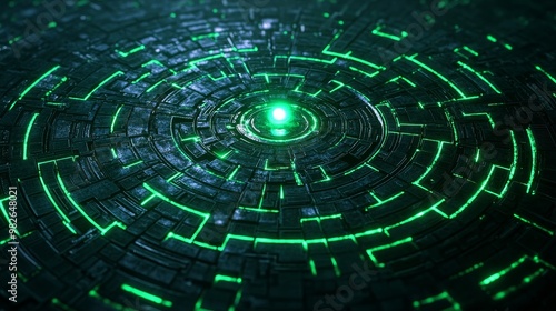 A metallic circular maze illuminated by neon green lights, central goal highlighted with a glowing orb, cyberpunk, digital art, high detail