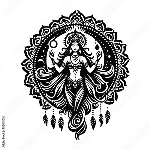 kali goddess with bohemian decoration in black and white illustrations, cutout graphic