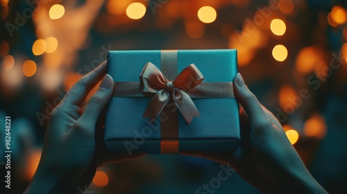 Give the exquisite high-grade blue gift box with blur background, Happly New Year and Merry Christmas photo