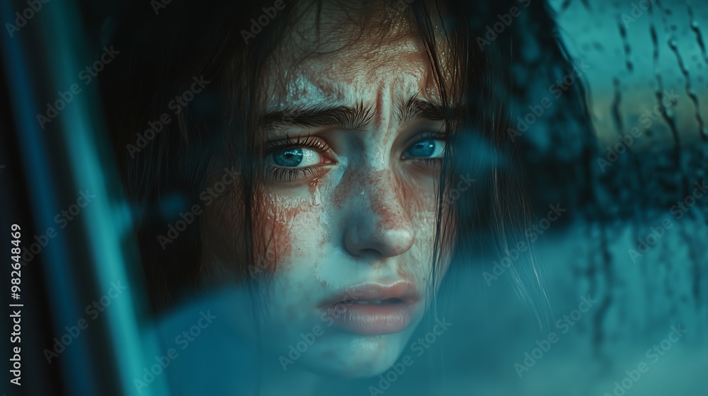 Emotional young woman gazing through a rain-soaked car window on a cloudy day in an urban setting Emotional young woman gazing through a rain-soaked car window on a cloudy day in an urban setting
