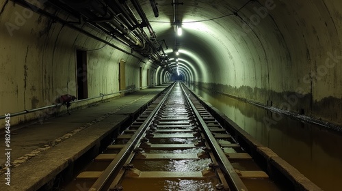 A dimly lit, curved tunnel with rusted tracks and scattered debris. Water puddles reflect the ceiling lights, evoking mystery and abandonment.