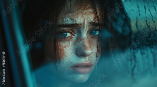 Emotional young woman gazing through a rain-soaked car window on a cloudy day in an urban setting