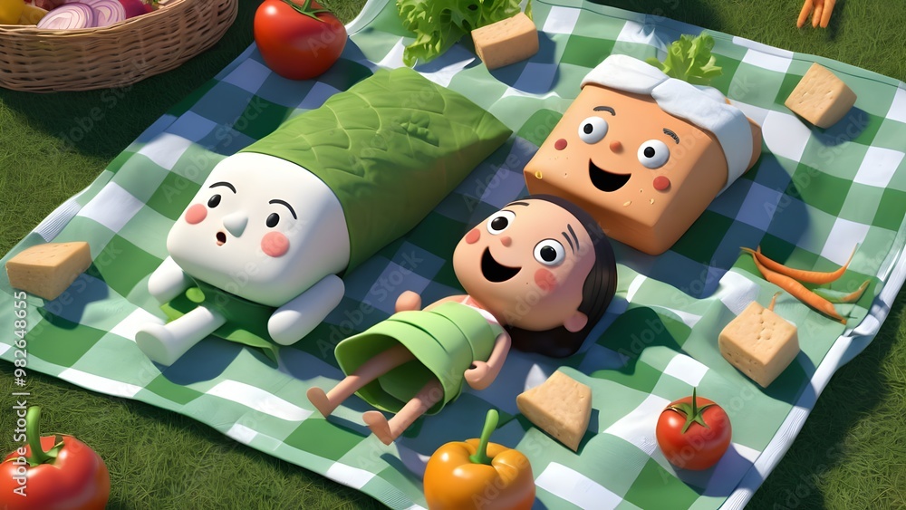 On a picnic blanket, the salad rolls are playing around or relaxing. characters might be rolling across the blanket, while lounges gracefully, adjusting her leafy “hair.” On a picnic blanket, the salad rolls are playing around or relaxing. characters might be rolling across the blanket, while lounges gracefully, adjusting her leafy “hair.”
