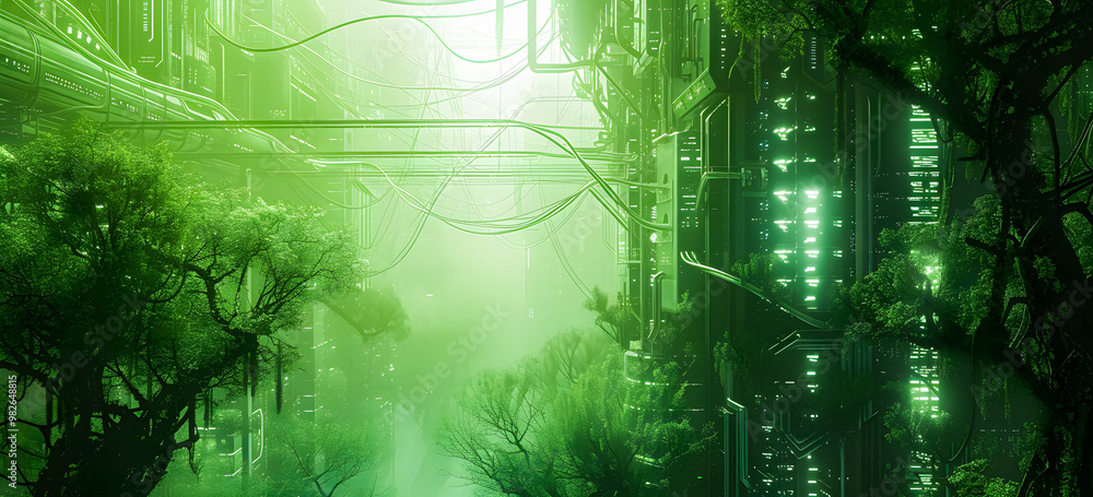 eco-friendly future city with big tree-lined environment with green neon light atmosphere. Sustainable green building. Eco-friendly building. greencity banner eco-friendly future city with big tree-lined environment with green neon light atmosphere. Sustainable green building. Eco-friendly building. greencity banner