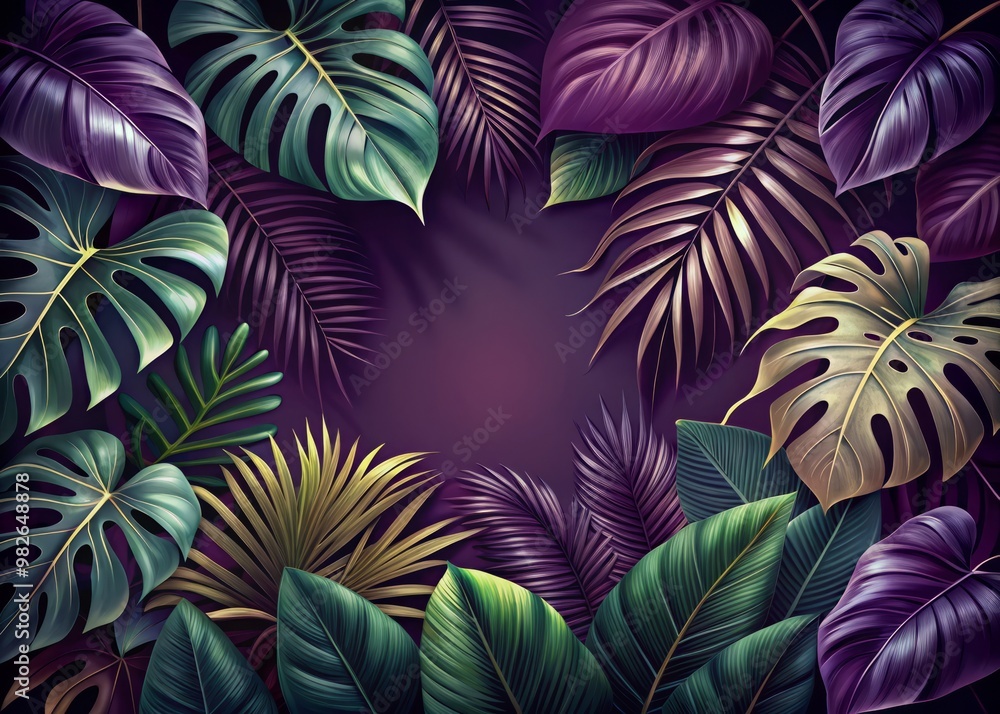 Moody jungle ambiance with large tropical leaves and delicate shading on a deep eggplant background that provides a sophisticated border for a solid text area with optimal legibility Moody jungle ambiance with large tropical leaves and delicate shading on a deep eggplant background that provides a sophisticated border for a solid text area with optimal legibility
