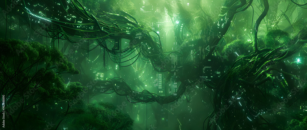 eco-friendly future city with big tree-lined environment with green neon light atmosphere. Sustainable green building. Eco-friendly building. greencity banner eco-friendly future city with big tree-lined environment with green neon light atmosphere. Sustainable green building. Eco-friendly building. greencity banner