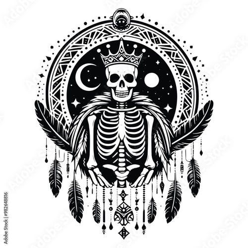 king skeleton with bohemian decoration in black and white illustrations, cutout graphic l