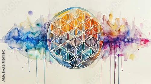 Flower of Life , seed of life , watercolor illustration on white background photo