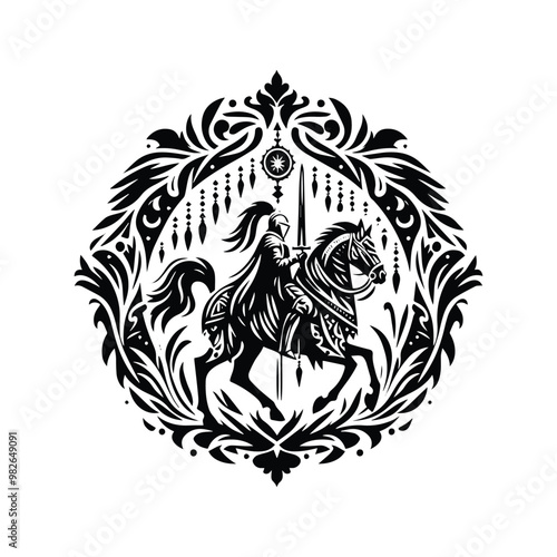 knight riding horse female inside bohemian decoration in black and white illustrations, cutout graphic