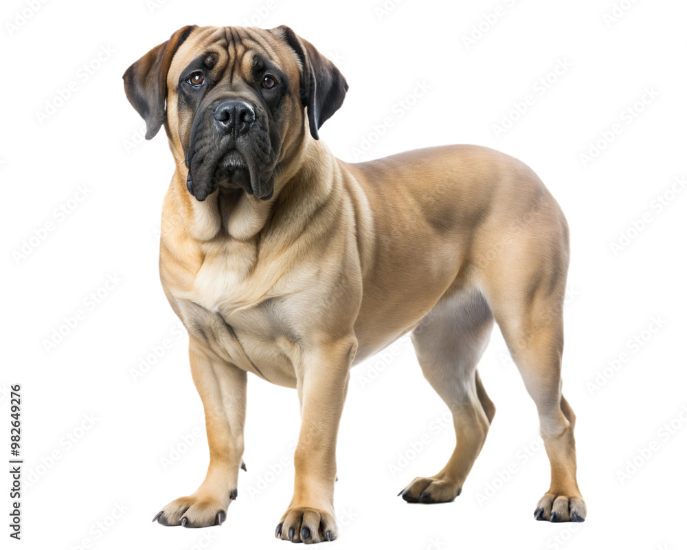 Large mastiff dog with tongue out standing and looking at camera, isolated on white background. Large mastiff dog with tongue out standing and looking at camera, isolated on white background.