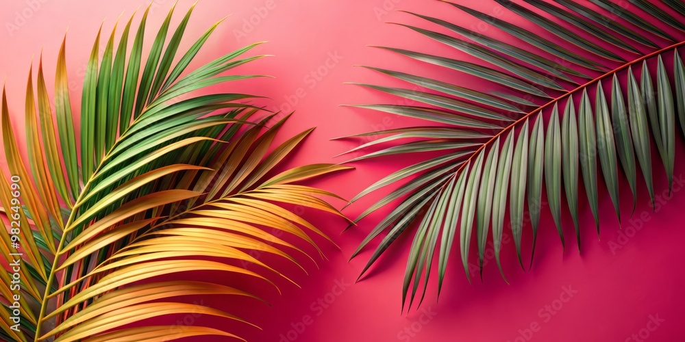 Exotic getaway visual concept featuring layered palm fronds on a radiant magenta surface, blending seamlessly into peach undertones for a harmonious balance Exotic getaway visual concept featuring layered palm fronds on a radiant magenta surface, blending seamlessly into peach undertones for a harmonious balance