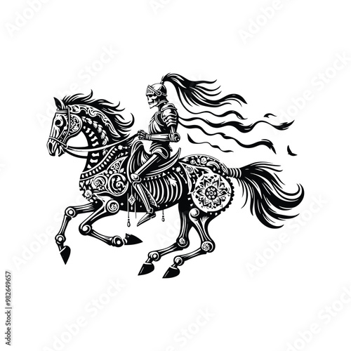 knight riding horse skeleton with bohemian decoration decoration in black and white illustrations, cutout graphic