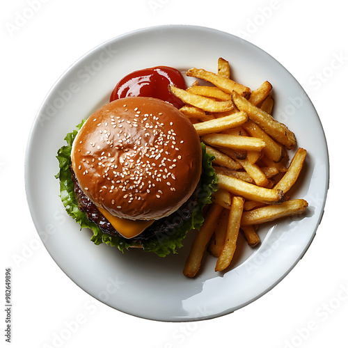 Burger and French fries isolated on transparent background,Combom Burger and friees, tasty burger with French fries, Burger on white plate, Set of burger,png, Ai generated