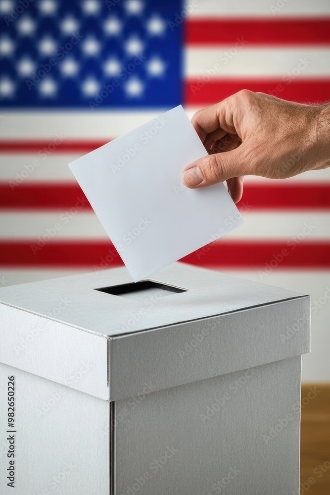 Hand placing a ballot into a ballot box with American flag in the background. Hand placing a ballot into a ballot box with American flag in the background.