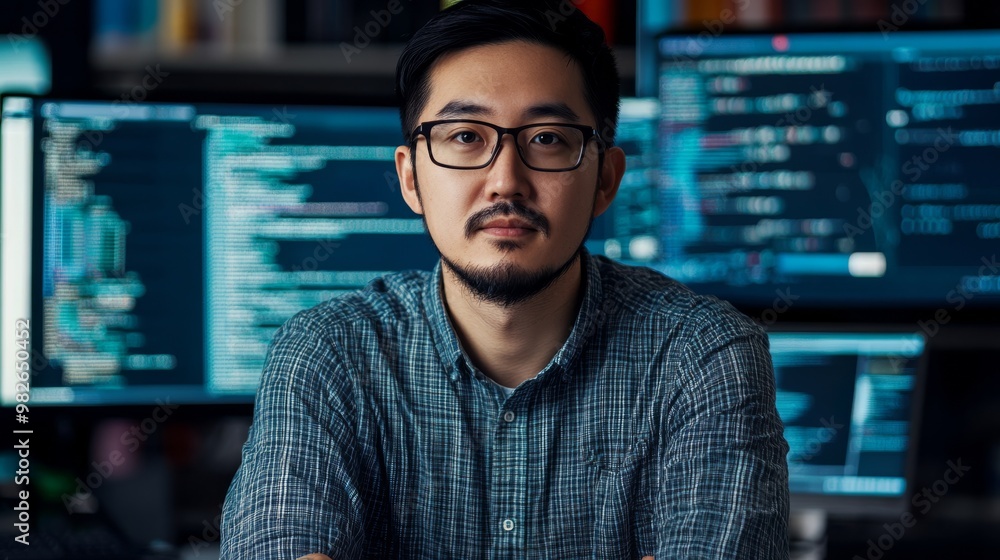 A focused programmer sits in front of multiple computer screens displaying code, embodying the tech-driven landscape of software development. A focused programmer sits in front of multiple computer screens displaying code, embodying the tech-driven landscape of software development.