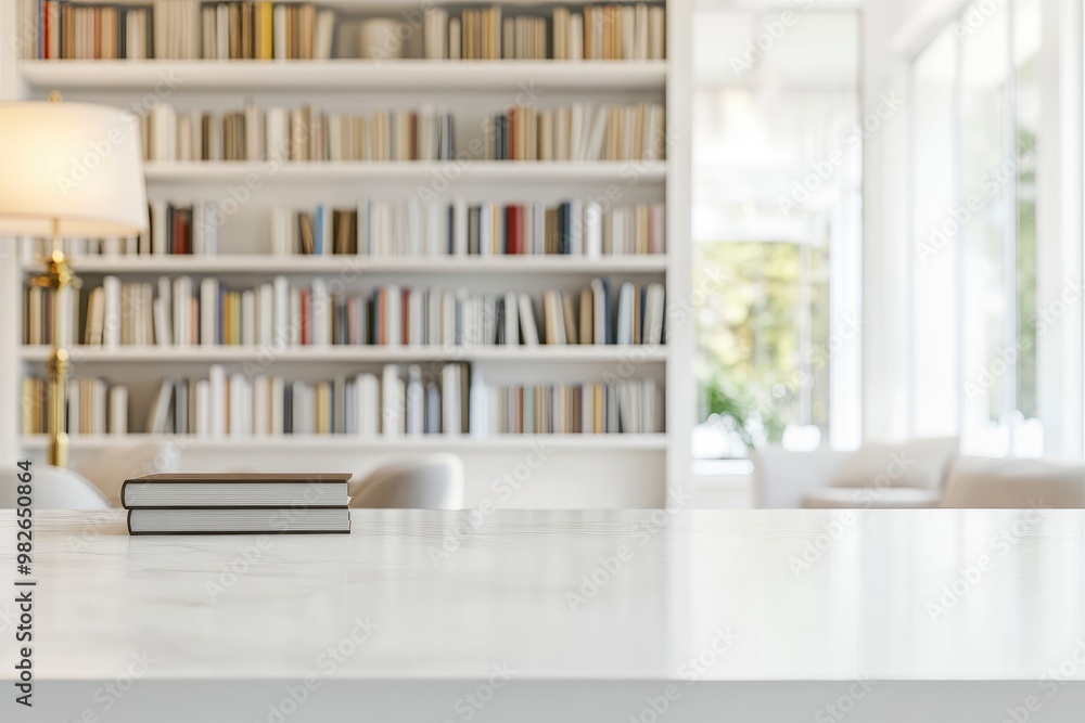 Copy space on a luxury white tabletop over a blurred modern white living room with large bookshelves generative ai Copy space on a luxury white tabletop over a blurred modern white living room with large bookshelves generative ai