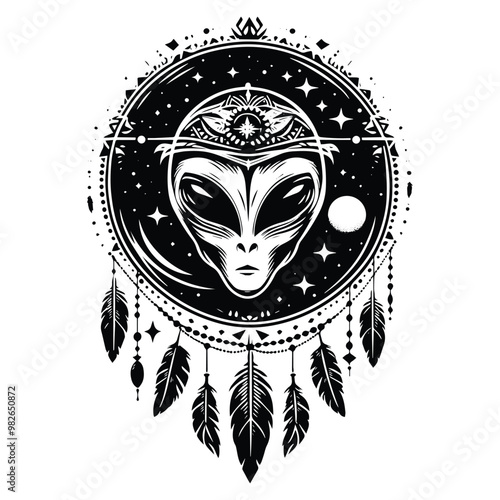martian alien with bohemian decoration in black and white illustrations, cutout graphic l