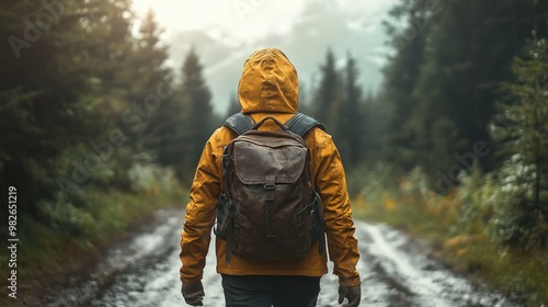 Rugged Adventurer Hiking in Snow-Capped Mountains with Backpack and Poles